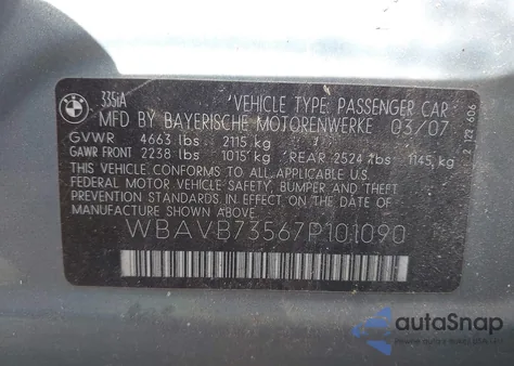 2007 BMW 335I из США, поврежденный, VIN WBAVB73567P101090